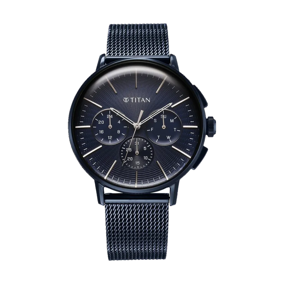 Titan multifunction watch with anthracite dial, stainless steel case and blue steel strap.