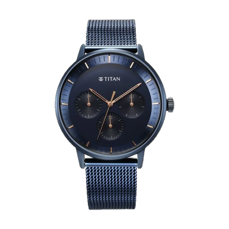 Titan men’s multifunction watch with a blue stainless steel strap and 42mm case