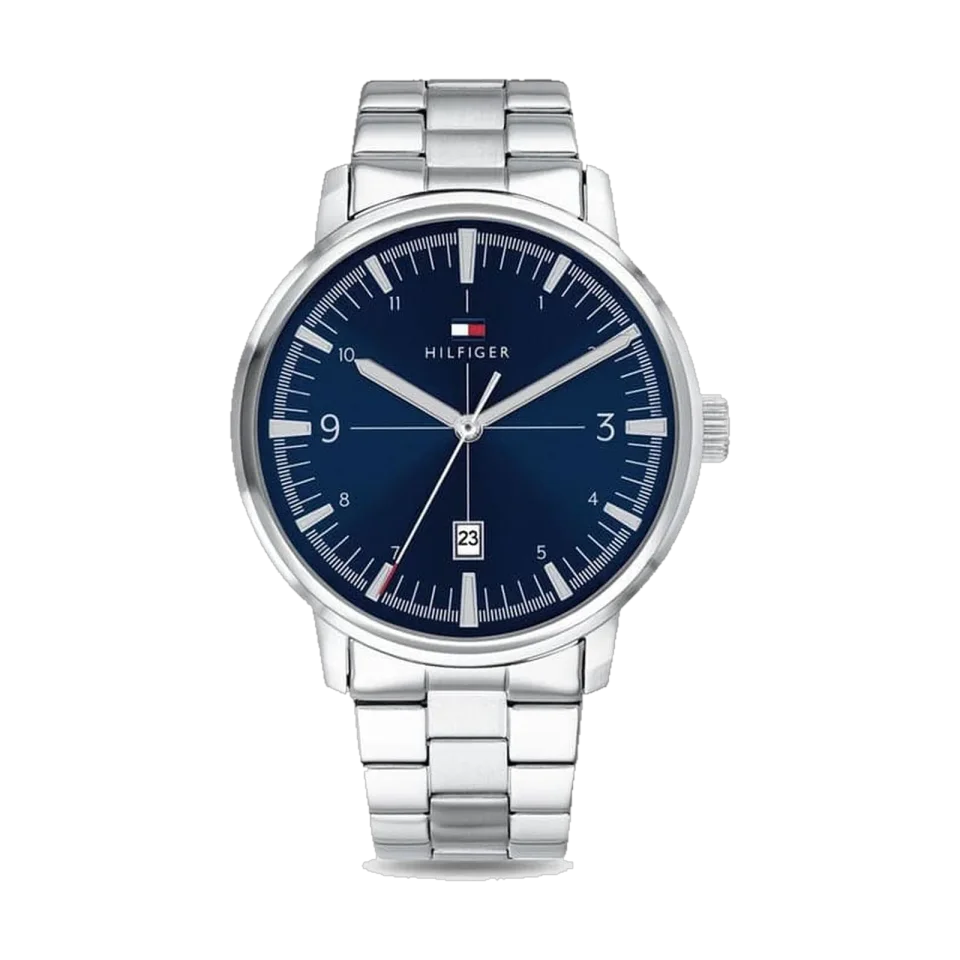 Tommy Hilfiger men’s watch with blue dial, stainless steel case and silver metal bracelet.