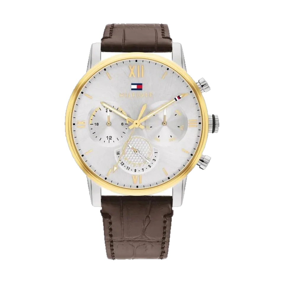 Tommy Hilfiger men’s quartz multifunction watch with a silver dial and brown leather strap.